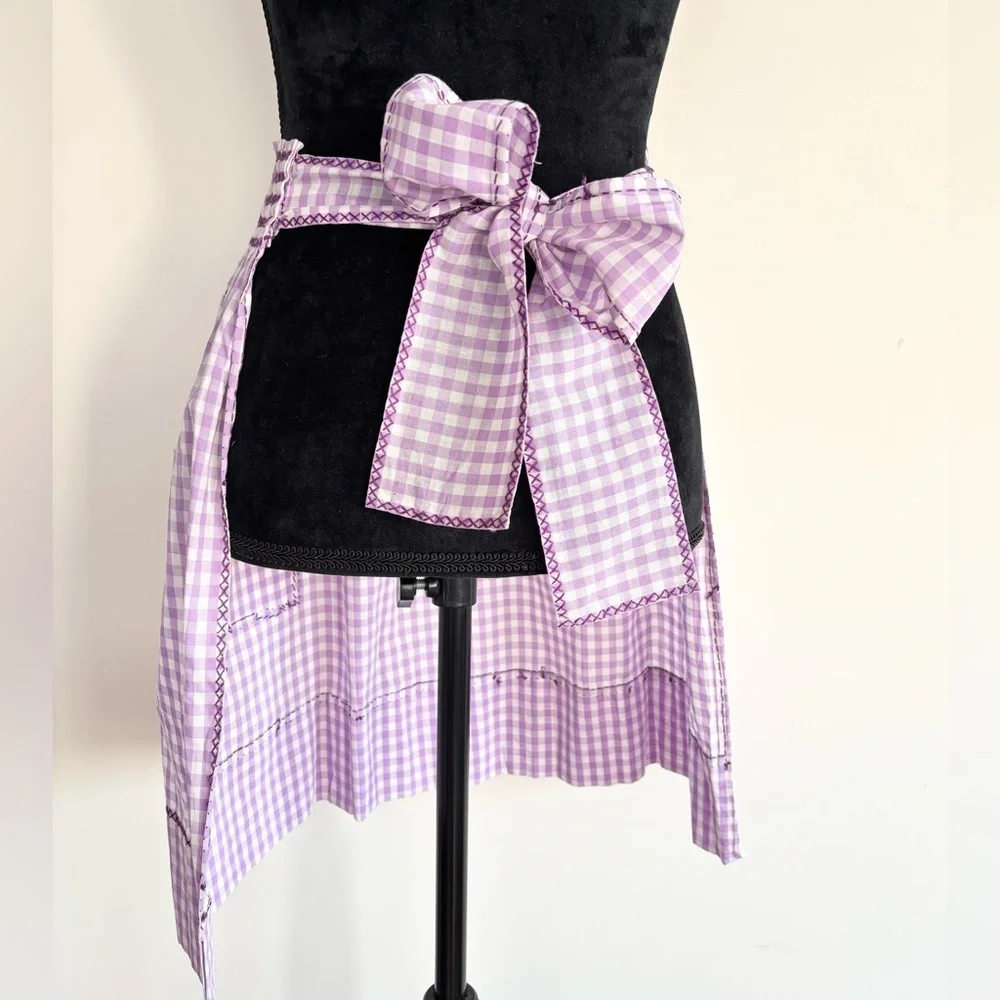 Vintage Handmade Apron Purple Gingham Tie Back , Pocket Cross Stitch Detailing